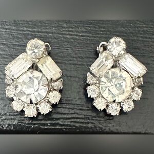 Vintage Clear Crystal Cluster Duette Dress Clips - Silver Tone
